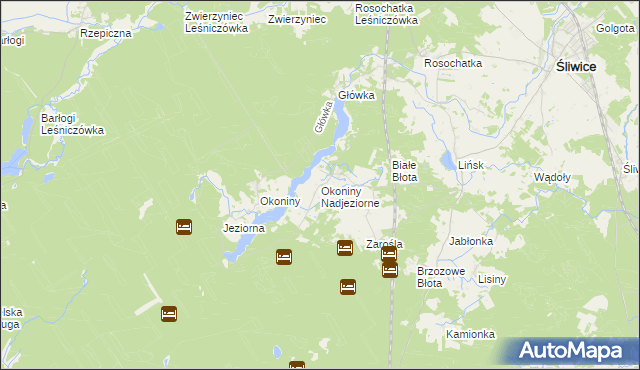 mapa Okoniny Nadjeziorne, Okoniny Nadjeziorne na mapie Targeo