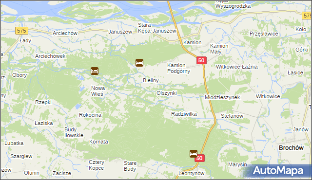 mapa Olszynki gmina Młodzieszyn, Olszynki gmina Młodzieszyn na mapie Targeo