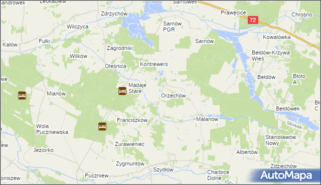 mapa Orzechów gmina Lutomiersk, Orzechów gmina Lutomiersk na mapie Targeo