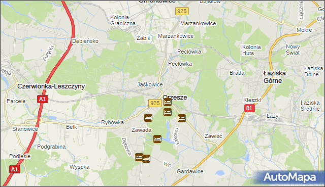 mapa Orzesze powiat mikołowski, Orzesze powiat mikołowski na mapie Targeo