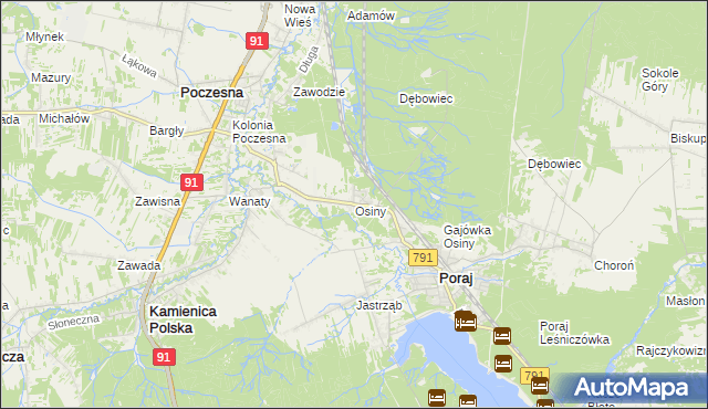mapa Osiny gmina Kamienica Polska, Osiny gmina Kamienica Polska na mapie Targeo