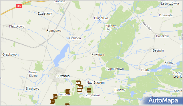 mapa Pawłowo gmina Jutrosin, Pawłowo gmina Jutrosin na mapie Targeo