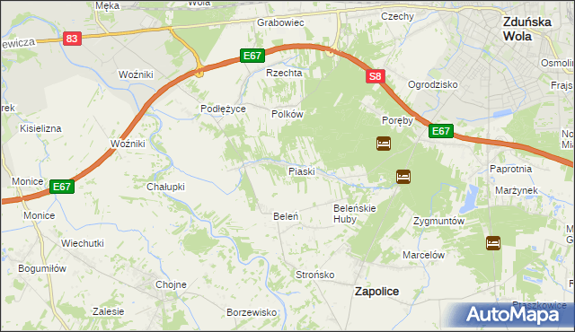 mapa Piaski gmina Zduńska Wola, Piaski gmina Zduńska Wola na mapie Targeo