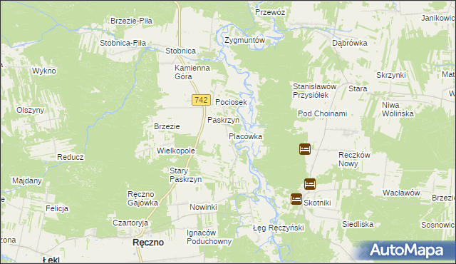 mapa Placówka gmina Ręczno, Placówka gmina Ręczno na mapie Targeo
