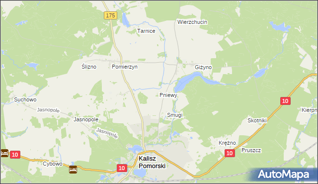 mapa Pniewy gmina Kalisz Pomorski, Pniewy gmina Kalisz Pomorski na mapie Targeo