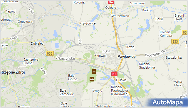 mapa Pniówek gmina Pawłowice, Pniówek gmina Pawłowice na mapie Targeo