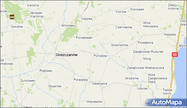 mapa Poniatów gmina Goszczanów, Poniatów gmina Goszczanów na mapie Targeo