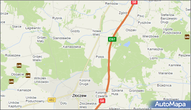 mapa Potok gmina Złoczew, Potok gmina Złoczew na mapie Targeo