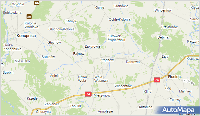 mapa Prądzew gmina Rusiec, Prądzew gmina Rusiec na mapie Targeo