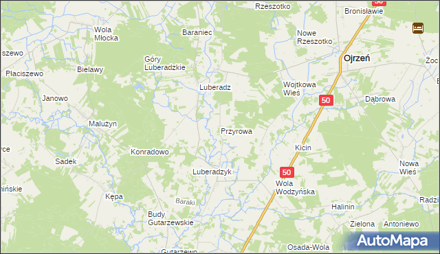 mapa Przyrowa gmina Ojrzeń, Przyrowa gmina Ojrzeń na mapie Targeo