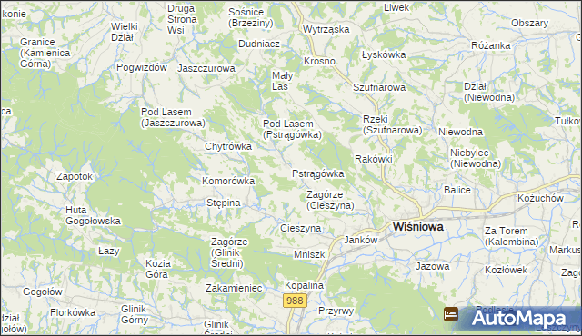 mapa Pstrągówka gmina Wiśniowa, Pstrągówka gmina Wiśniowa na mapie Targeo