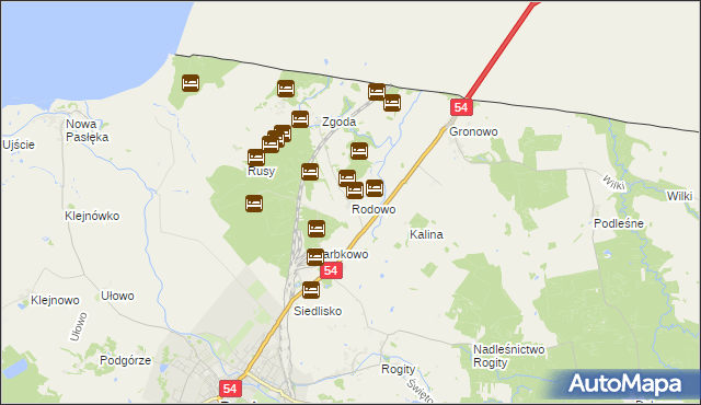 mapa Rodowo gmina Braniewo, Rodowo gmina Braniewo na mapie Targeo