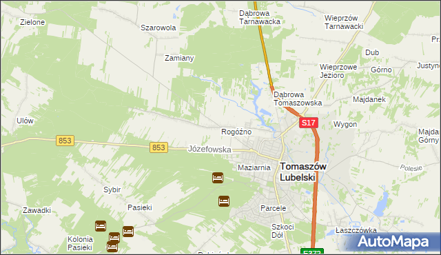 mapa Rogóźno gmina Tomaszów Lubelski, Rogóźno gmina Tomaszów Lubelski na mapie Targeo