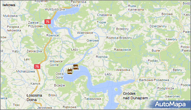 mapa Rożnów gmina Gródek nad Dunajcem, Rożnów gmina Gródek nad Dunajcem na mapie Targeo