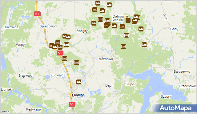 mapa Różnowo gmina Dywity, Różnowo gmina Dywity na mapie Targeo