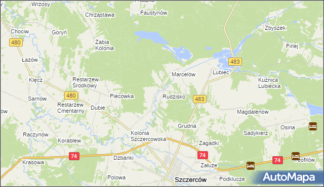 mapa Rudzisko gmina Szczerców, Rudzisko gmina Szczerców na mapie Targeo