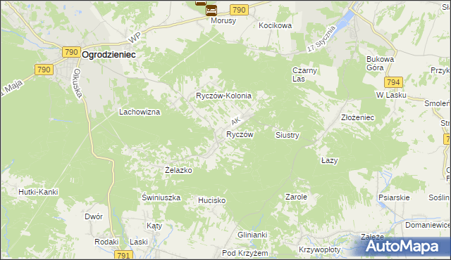 mapa Ryczów gmina Ogrodzieniec, Ryczów gmina Ogrodzieniec na mapie Targeo