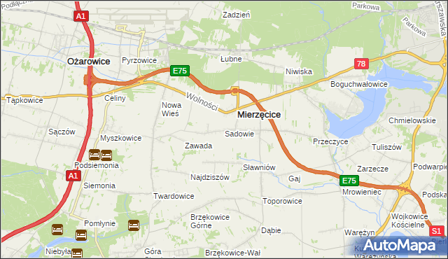 mapa Sadowie gmina Mierzęcice, Sadowie gmina Mierzęcice na mapie Targeo