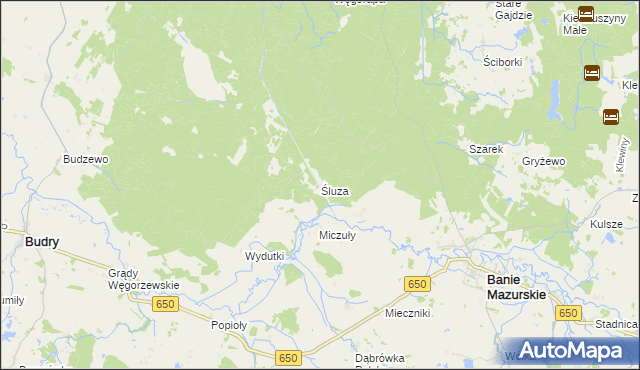 mapa Śluza gmina Banie Mazurskie, Śluza gmina Banie Mazurskie na mapie Targeo