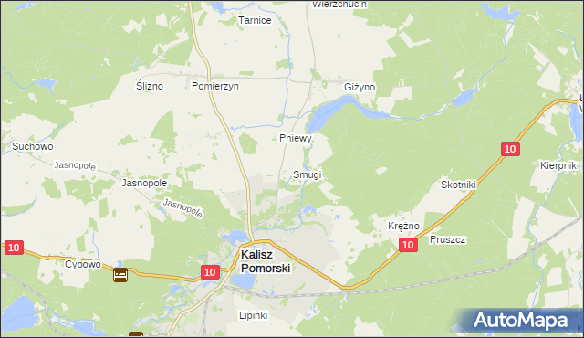 mapa Smugi gmina Kalisz Pomorski, Smugi gmina Kalisz Pomorski na mapie Targeo