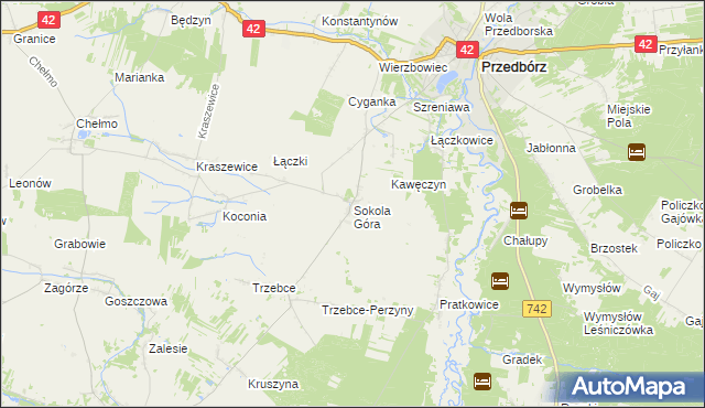 mapa Sokola Góra gmina Wielgomłyny, Sokola Góra gmina Wielgomłyny na mapie Targeo