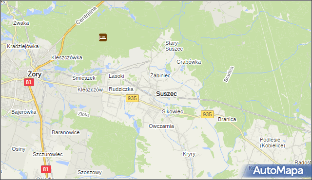 mapa Suszec powiat pszczyński, Suszec powiat pszczyński na mapie Targeo