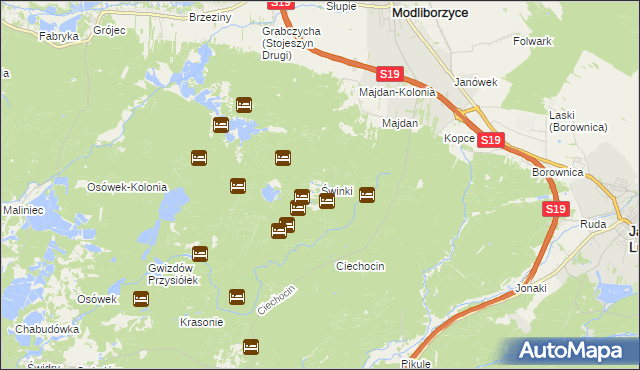 mapa Świnki gmina Modliborzyce, Świnki gmina Modliborzyce na mapie Targeo