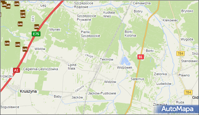 mapa Teklinów gmina Kruszyna, Teklinów gmina Kruszyna na mapie Targeo
