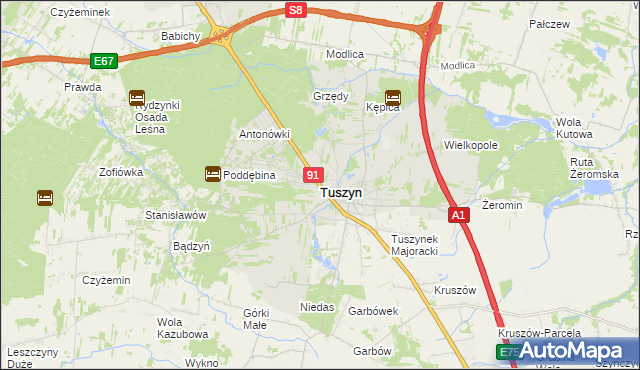 mapa Tuszyn powiat łódzki wschodni, Tuszyn powiat łódzki wschodni na mapie Targeo