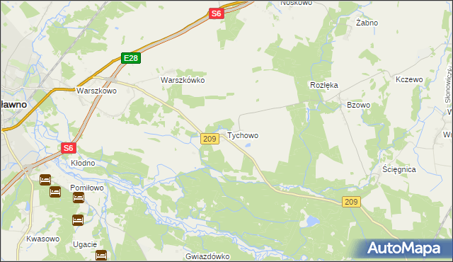 mapa Tychowo gmina Sławno, Tychowo gmina Sławno na mapie Targeo