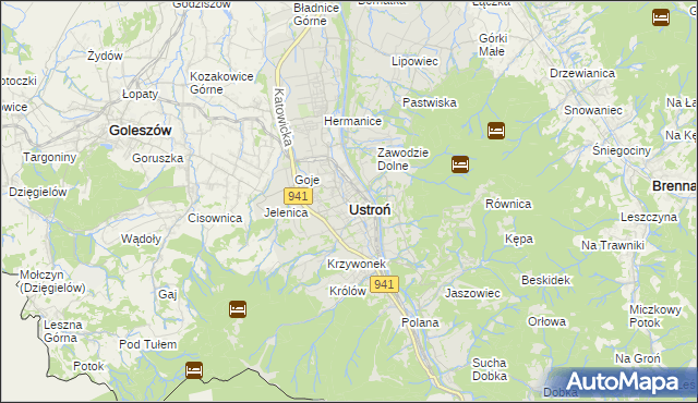 mapa Ustroń powiat cieszyński, Ustroń powiat cieszyński na mapie Targeo