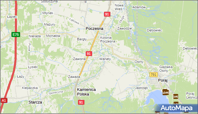 mapa Wanaty gmina Kamienica Polska, Wanaty gmina Kamienica Polska na mapie Targeo