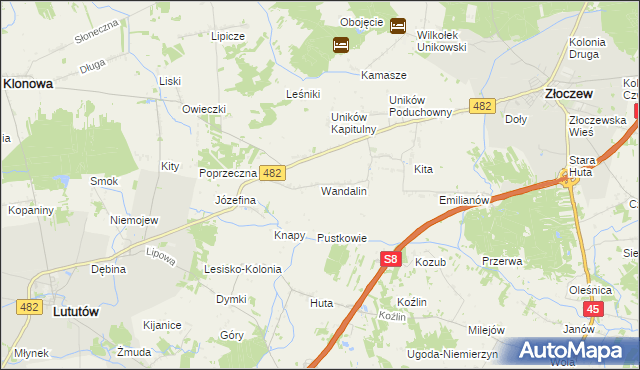 mapa Wandalin gmina Złoczew, Wandalin gmina Złoczew na mapie Targeo