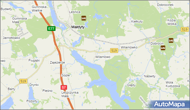 mapa Wilamowo gmina Małdyty, Wilamowo gmina Małdyty na mapie Targeo