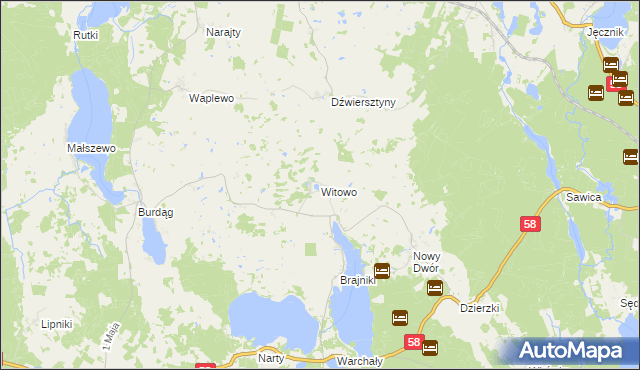 mapa Witowo gmina Jedwabno, Witowo gmina Jedwabno na mapie Targeo