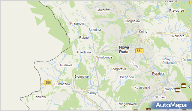 mapa Włodowice gmina Nowa Ruda, Włodowice gmina Nowa Ruda na mapie Targeo