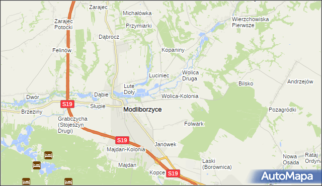 mapa Wolica-Kolonia gmina Modliborzyce, Wolica-Kolonia gmina Modliborzyce na mapie Targeo