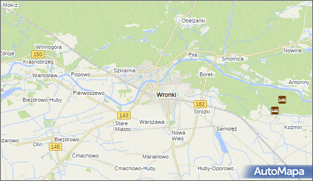mapa Wronki powiat szamotulski, Wronki powiat szamotulski na mapie Targeo