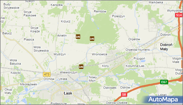 mapa Wronowice gmina Łask, Wronowice gmina Łask na mapie Targeo