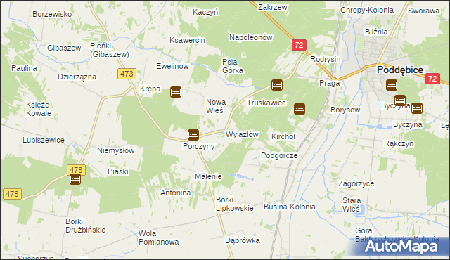 mapa Wylazłów gmina Poddębice, Wylazłów gmina Poddębice na mapie Targeo