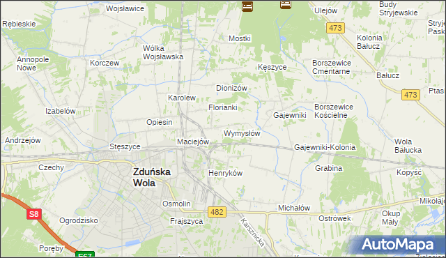 mapa Wymysłów gmina Zduńska Wola, Wymysłów gmina Zduńska Wola na mapie Targeo