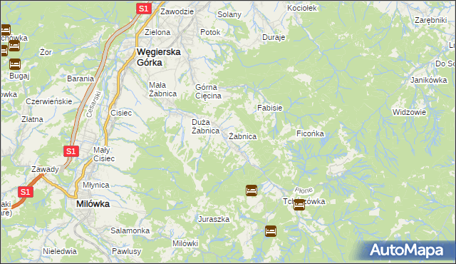 mapa Żabnica gmina Węgierska Górka, Żabnica gmina Węgierska Górka na mapie Targeo