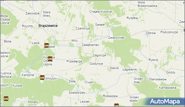 mapa Zagórcze gmina Brąszewice, Zagórcze gmina Brąszewice na mapie Targeo