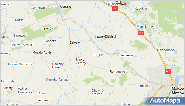 mapa Zaręby gmina Karniewo, Zaręby gmina Karniewo na mapie Targeo