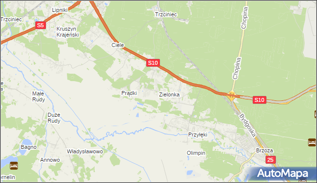 mapa Zielonka gmina Białe Błota, Zielonka gmina Białe Błota na mapie Targeo
