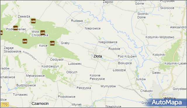 mapa Złota powiat pińczowski, Złota powiat pińczowski na mapie Targeo