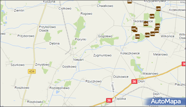 mapa Zygmuntowo gmina Krobia, Zygmuntowo gmina Krobia na mapie Targeo