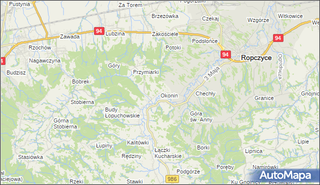 mapa Okonin gmina Ropczyce, Okonin gmina Ropczyce na mapie Targeo