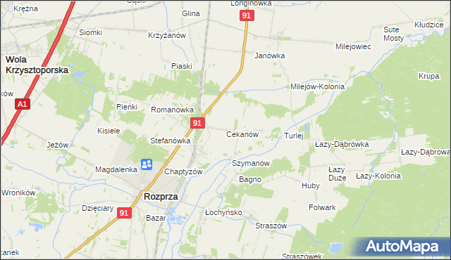 mapa Cekanów gmina Rozprza, Cekanów gmina Rozprza na mapie Targeo