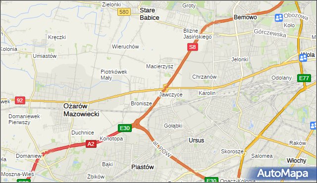 mapa Jawczyce gmina Ożarów Mazowiecki, Jawczyce gmina Ożarów Mazowiecki na mapie Targeo